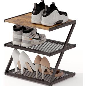 Shoe Rack, Z-Frame Wooden Shoe Shelf with Heavy-Duty Metal Mesh Shelves for Hallway, Living Room, Closet, and Bedroom Organization - Organize Your Shoes in Style (16.54" x 10.24" x 16.14") (Rustic Brown)