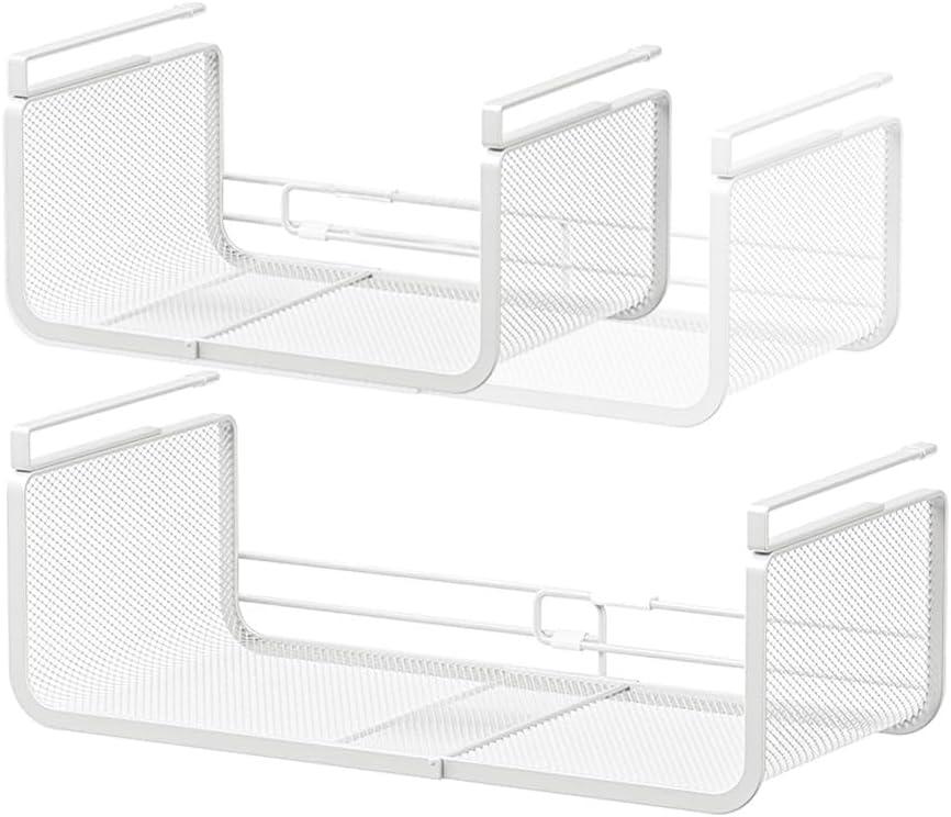 Expandable Under Shelf Basket Organizer, Under Shelf Storage, Hanging Baskets Under Cabinet for Pantry Kitchen Cupboard Desk Counter Bookshelf Space Saver Heavy Duty Slide-in (White, 2 Pack)