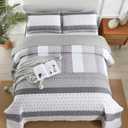 WONGS BEDDING Grey Quilt King Size, Bohemian Stripe Quilt Sets 3 Pieces Boho Quilted Bedspread Set Lightweight Microfiber Coverlet Bedding Set All Season (104"x90")