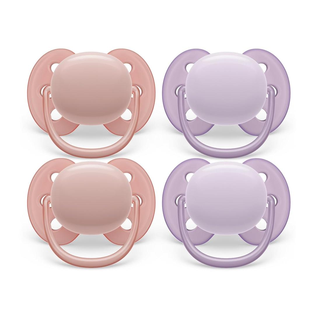 Philips Avent Ultra Soft Pacifier - 4 x Soft and Flexible Baby Pacifiers for Babies Aged 0-6 Months, BPA Free with Sterilizer Carry Case, SCF091/25 (lychee / fresh lilac)