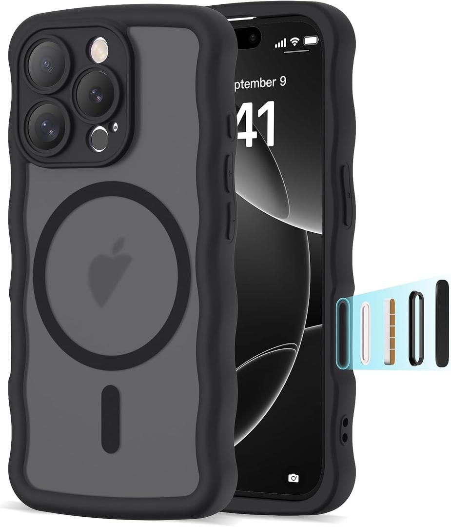 Compatible with iPhone 16 Pro Case 6.1" 2024, Cute Kawaii Curly Wave Frame Shape Shockproof Translucent Matte Protective Magnetic 16 Pro Phone Case for Women Girls, Black