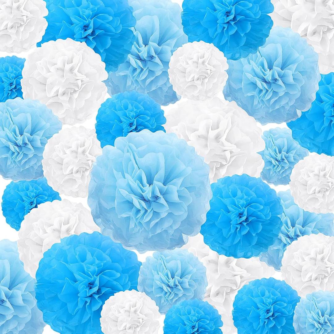 Estune 48 Pcs Tissue Paper Pom Poms 14''/ 12''/ 10''/ 8''/ 6'' Tissue Paper Flowers Decorations for Wedding Birthday Bridal Shower Baby Shower Decor (Blue, White) Estune 48 Pcs Tissue Paper Pom Poms 14''/ 12''/ 10''/ 8''/ 6'' Tissue Paper Flowers Decorations for Wedding Birthday Bridal Shower Baby Shower Decor (Blue, White)