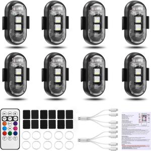 8PCS Wireless LED Strobe Lights, Halloween 8 Colors Wireless Strobe Lights with Remote Control, IP65 Waterproof Rechargeable Anti-Collision LED Emergency Warning Light for Car Drone Aircraft