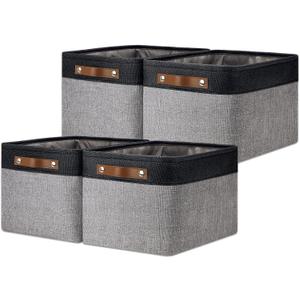DULLEMELO Canvas Storage Bin with Handles, Fabric Bins for Shelves, Bedroom, Office,Nursery,Fabric Storage Baskets for Toys, Clothes,Gift(Black&Grey,15"x11"x9.5",4-Pack)
