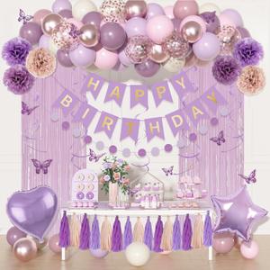 Dusty Purple Birthday Party Decorations, Lavender Pink Sand Confetti Rose Gold Balloons Happy Birthday Banner Fringe Curtains Butterfly Hanging Swirls Circle Dots Tassels Pompoms for Women Girls Party