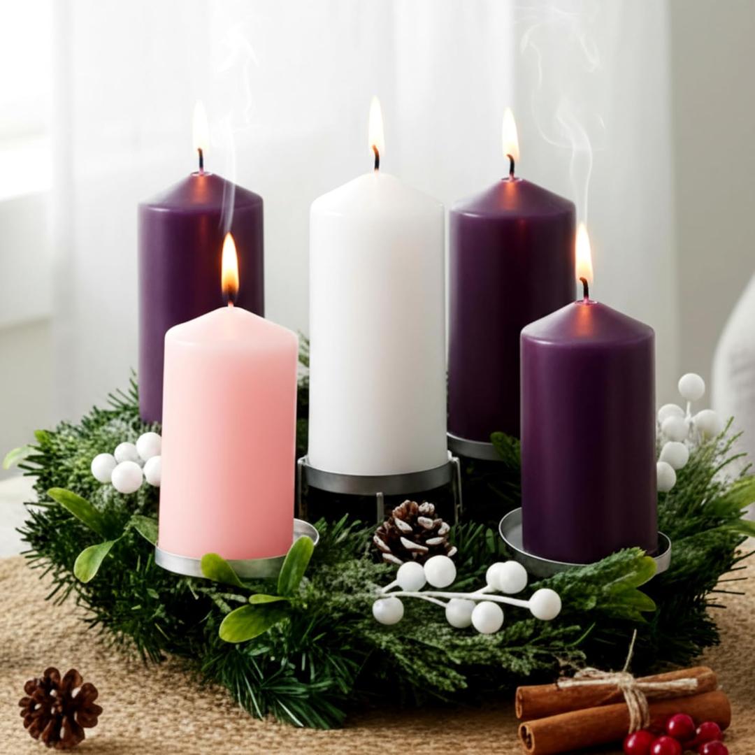 7 Pcs Christmas Advent Wreath Set with 3x6'' Pillar Candles Rustic Advent Wreath Candleholder and Pillar Candles Unscented Christmas Centerpiece Table Decor for Holiday Church Home (Silver)