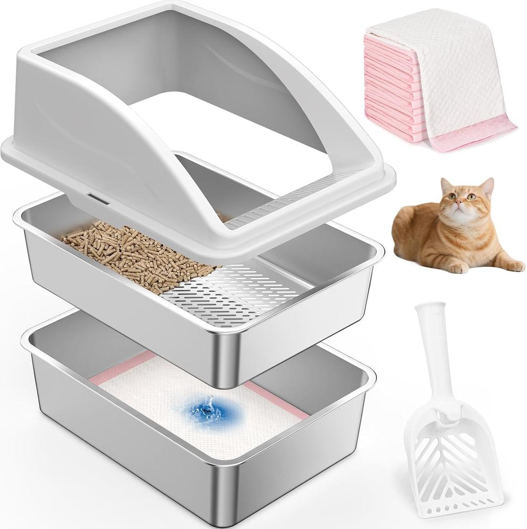 Stainless Steel Litter Box for Pine Pellet Cat Litter Non Clumping Litter System | XXL Sifting Cat Litter Box with Lid for Big Cats | High Sided, Anti-Urine Leakage | Non-Stick Bottom (Silver Gray)
