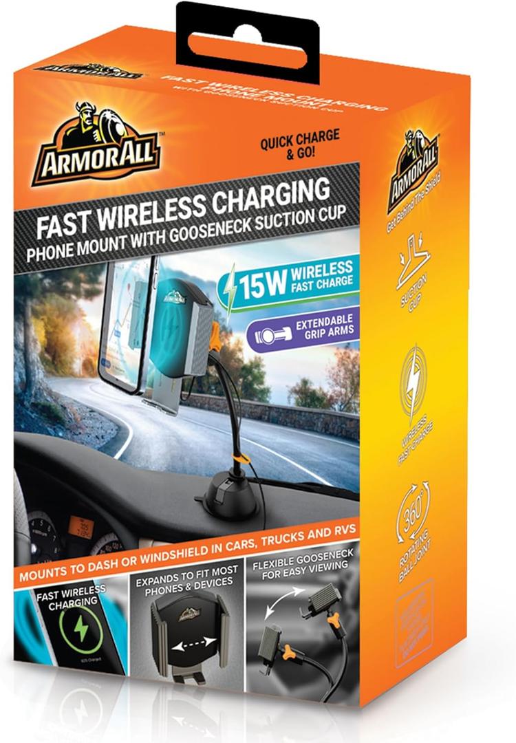 Armor All Wireless Charging Phone Holder, 15W Fast Charging Car Phone Mount, Flexible Gooseneck, Suction Cup and Cord Clip, 360 Degree Adjustable Viewing, Fits Most Phones