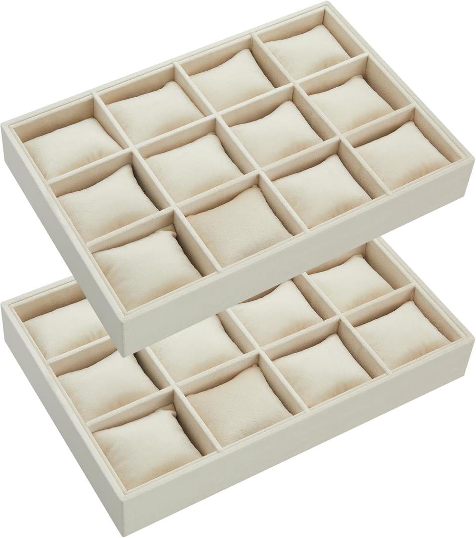  2 Pieces 12 Grid Velvet Watch Tray Jewelry Organizer Stackable Watch Bracelet Bangle Display Holder Adjustable Pillow(Beige)