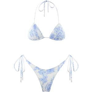 VOLAFA Women's Triangle Bikini Set String Swimsuit Print Tie Smocked Ruched Two Piece Bathing Suit (4, Light Blue)