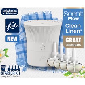 Glade Scent Flow PlugIns Air Freshener, Clean Linen, 1 Device + 4 Refills, 2.61 fl oz