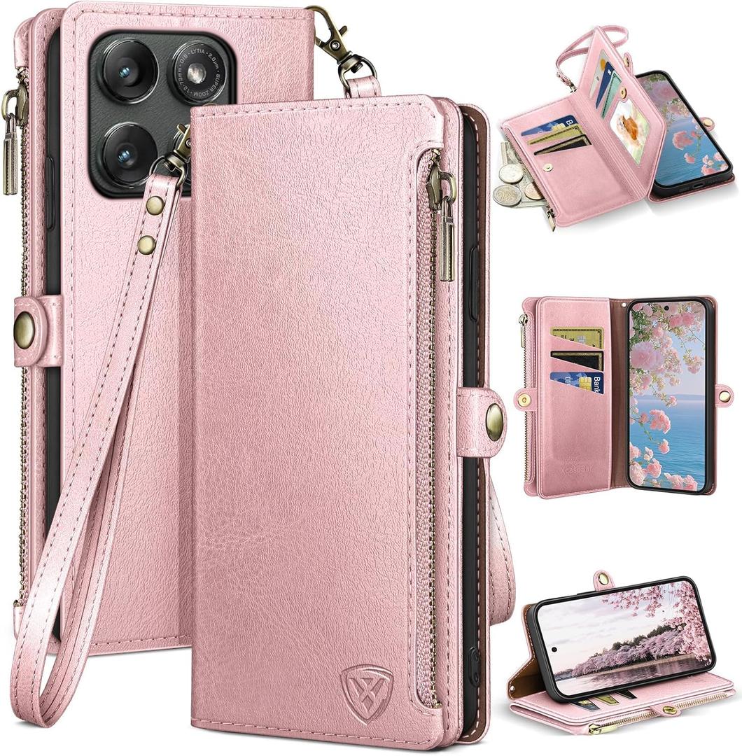 XcaseBar compatible with Moto Edge 5G 2025 Wallet case with Zipper Credit Card HolderRFID Blocking,Flip Folio Book PU Leather Phone case Shockproof Cover Women Men for Mote Edge 2025 case Rose Gold