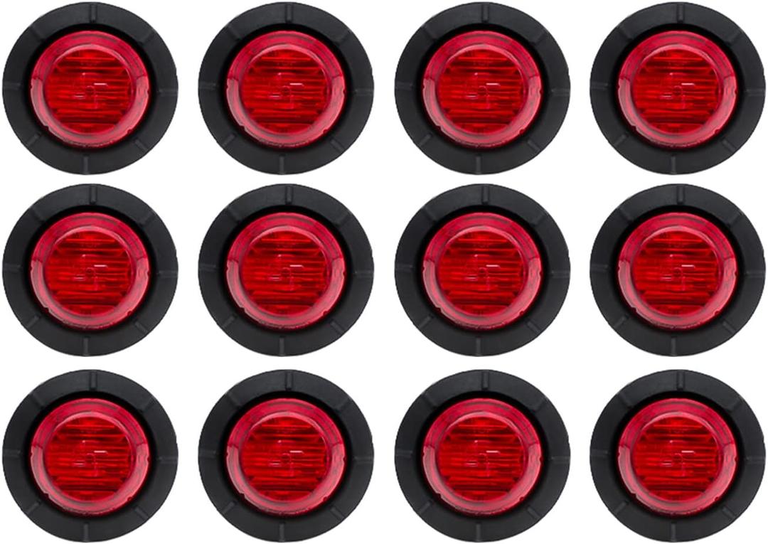 12 Pcs TMH 1-1/4 Inch Mount Red LENS & Red LED Clearance Markers, side marker lights, led marker lights, led side marker lights, trailer marker light for Truck Bus RV Pickup 12V DC
