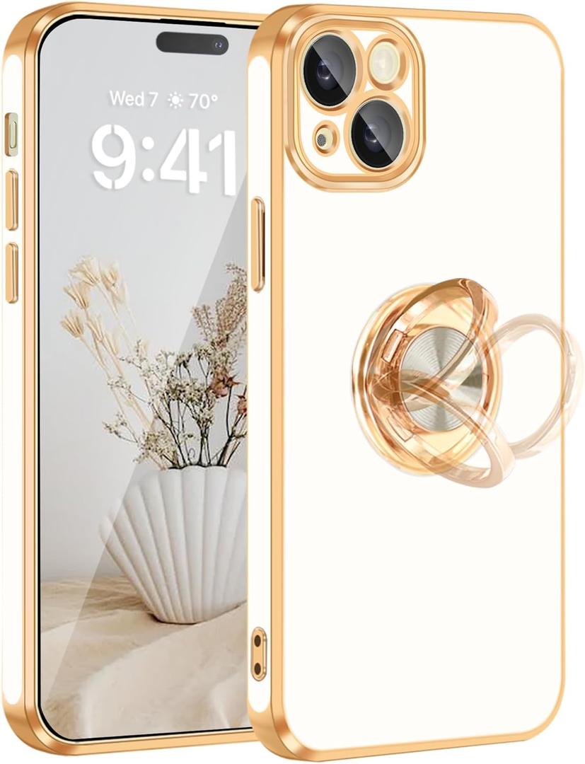 Fingic for iPhone 15 Plus Case[with 360Rotatable Ring Holder Stand][Support Magnetic Car Mount][Shiny Plating Gold]Slim Thin Soft TPU Shockproof Protective Case for iPhone 15 Plus for Women Men,White