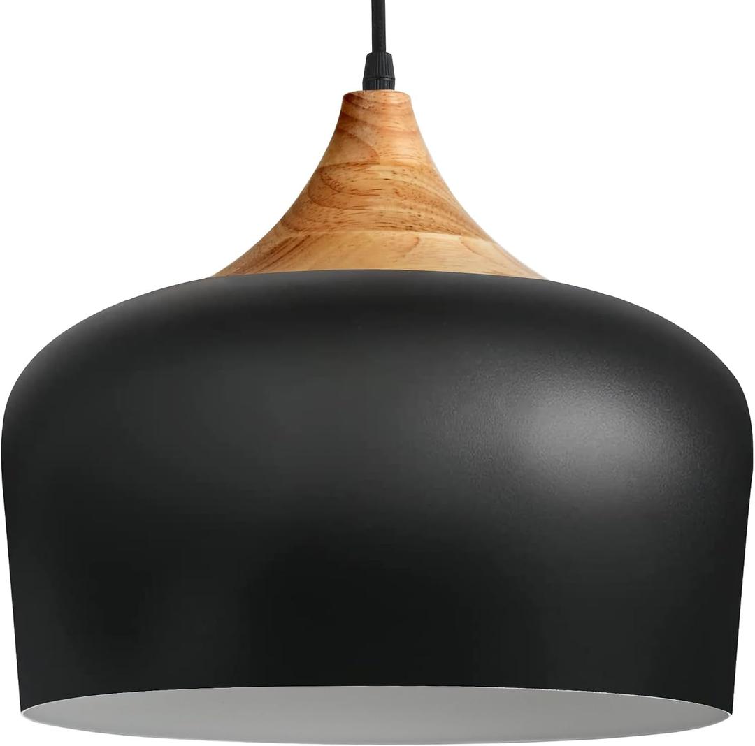 Modern Pendant Lights,Wooden Dome Pendant Light Fixture,Adjustable Hanging Pendant Lighting Chandelier Lamp for Kitchen Island,Dining Room,Hallway,Foyer,Bedroom(Black)