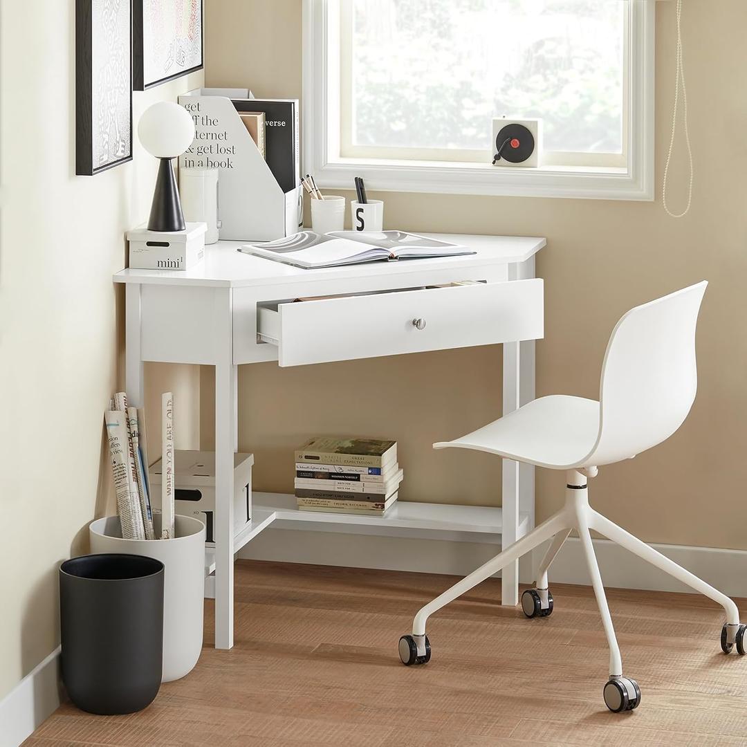 Haotian Small Corner Desk, Triangle Computer Desk with Drawer and Ladder Shelf, Home Office Writing Vanity Table, White FWT31-W Haotian Small Corner Desk, Triangle Computer Desk with Drawer and Ladder Shelf, Home Office Writing Vanity Table, White FWT31-W