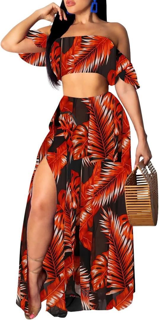 Sexy Two Piece Sets for Women Vacation Elegant Sleeveless Top Long Split Maxi Dress Beach Swimwear (Small, Orange/Leaf)