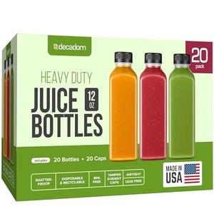DECADORN 12oz 20pcs Juice Bottles With Caps - MADE IN USA Juice Containers With Lids For Fridge - Juicer Bottles With Tamper Evident Caps, Shatterproof, BPA-Free, Leak proof, Disposable & Recyclable