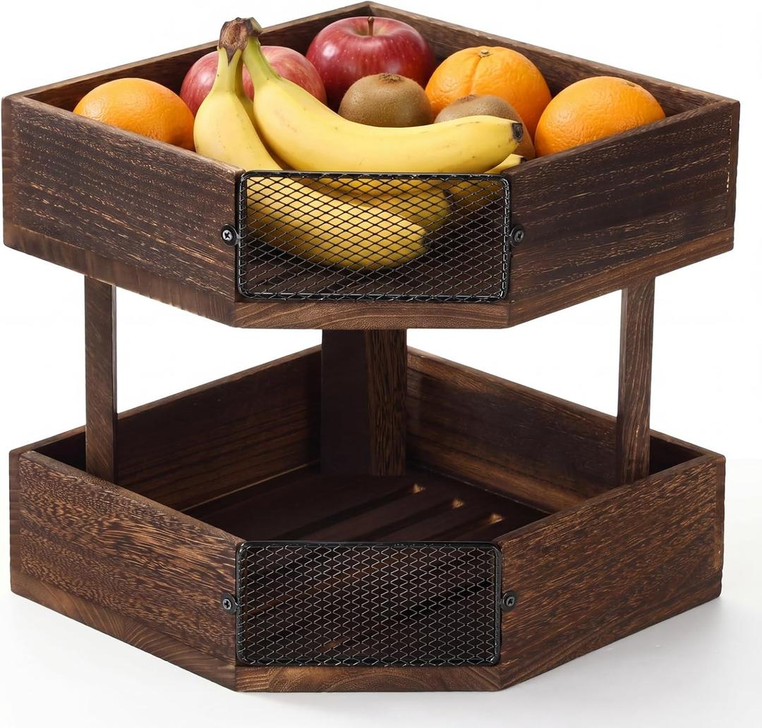 Vicenpal 2 Tier Corner Fruit Basket for Kitchen Countertop Wooden Farmhouse Fruit Bowl Vegetable Basket Produce Stand Storage Holder for Onion Potato, Vegetables, Spice Jars, Bread Storage