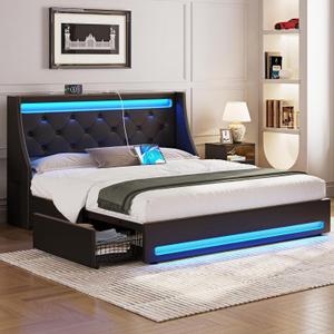 Rolanstar Queen Bed Frame with LED Lights and Charging Station, PU Leather Bed with Drawers, Wooden Slats, Noise Free, Easy Assembly, Black