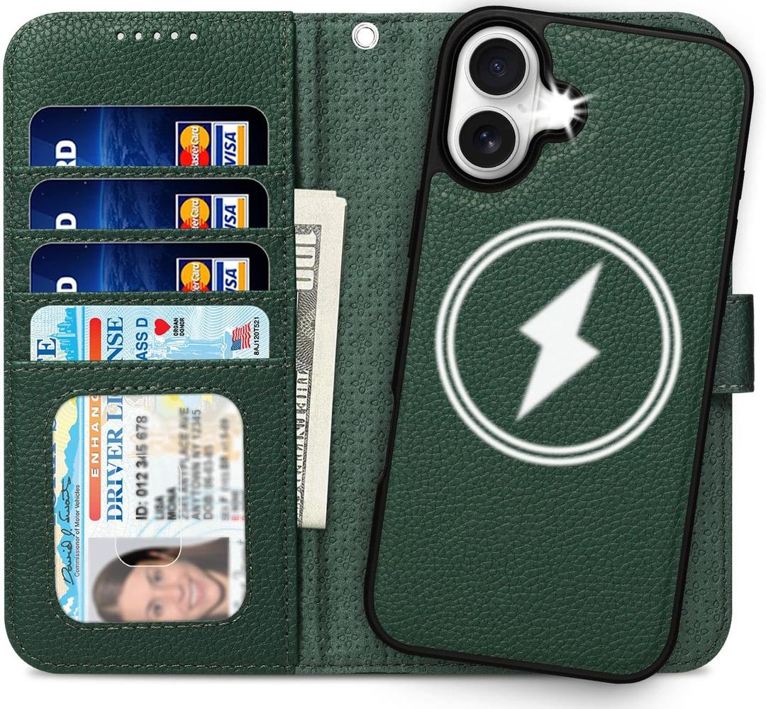 for iPhone 16 Case Wallet Detachable, 2 in 1 Leather Wallet Flip Folio Case with 4 Card Holder, RFID Blocking, Wireless Charging, Microfiber Lining, Slim Durable, for Women/Men (Emerald Green)