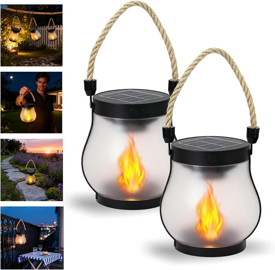 2026 New Upgrade Solar Lantern Outdoor Waterproof, Retro Dancing Flame Solar Lantern Outdoor Lights with Dual Charging, Suitable for Camping Trails Yard Terrace Porch Garden Decoration2PC