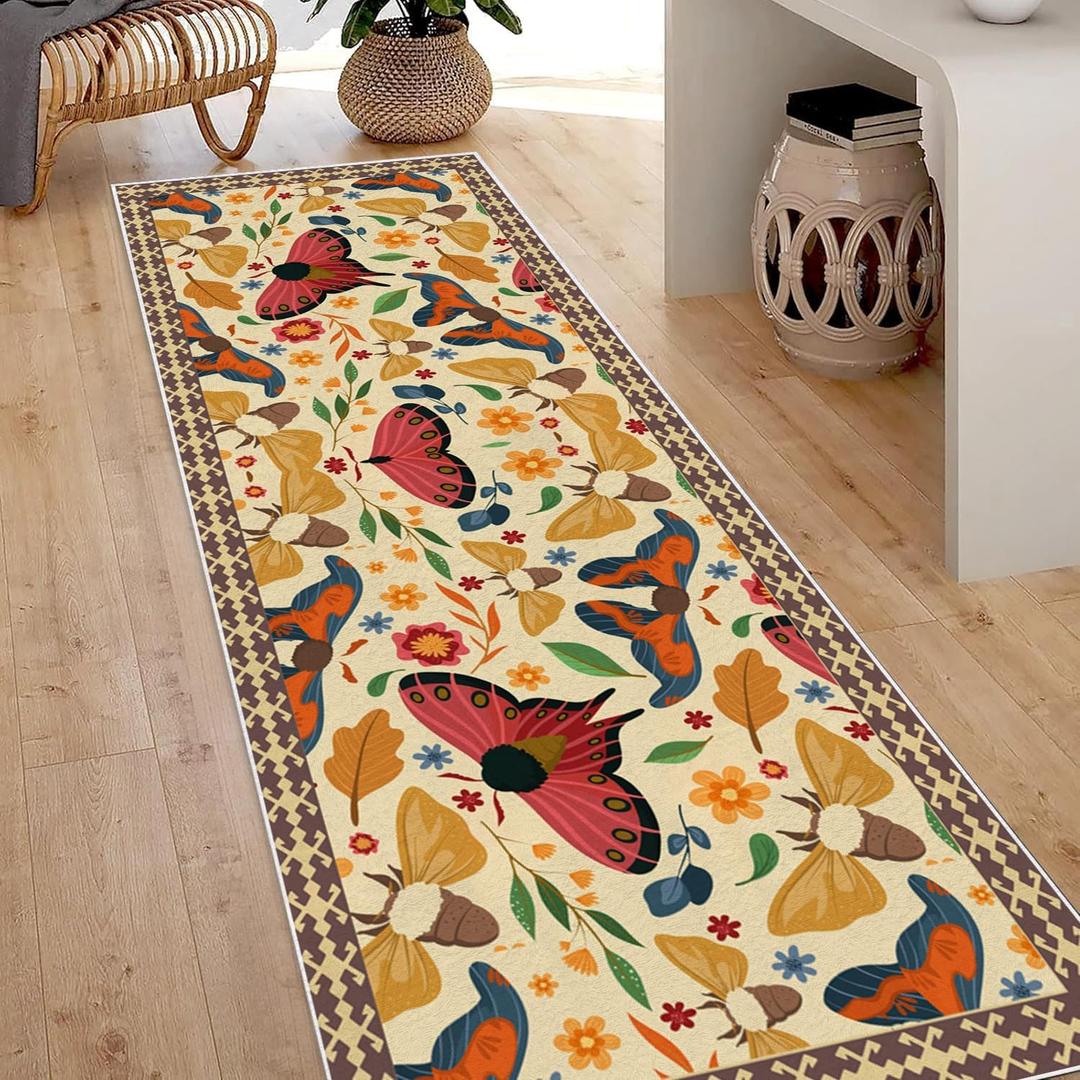 Boho Butterfly Flower Runner Rug 2x3ft,Floral Butterfly Bathroom Washable Rugs,Bohemian Insect Indoor Carpet,Non Slip Kitchen Mats for Floor,Low Pile Carpet Runners for Entrance Bedrooms Laundry Room