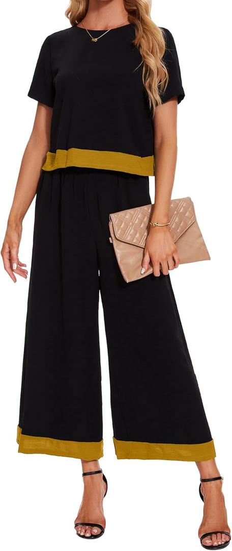 HANERDUN 2 Piece Outfits Short Sleeve Top Wide Leg Pants Casual Lounge Sets Travel Tracksuits (Large, Yellow)