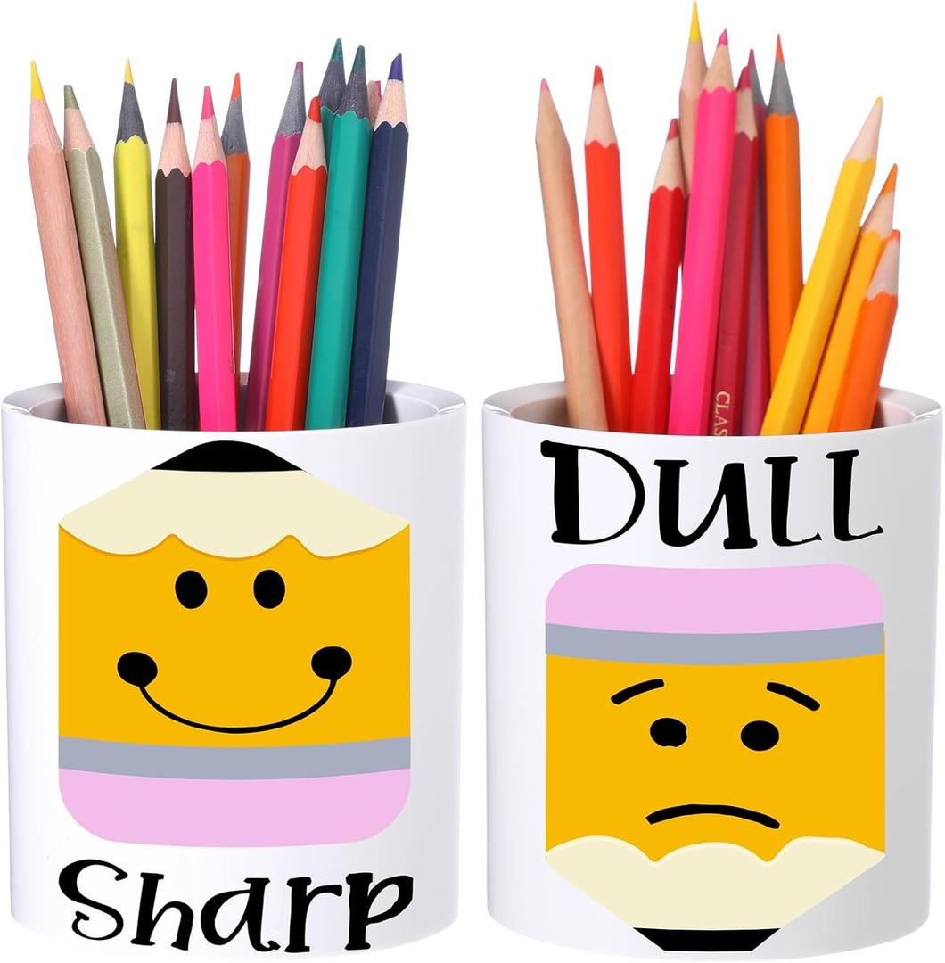 Pickmesh 2 Pack White Pencil Pen Holder with Sharp and Dull Stickers Pencil Holder Cup Polystyrene Makeup Brush Organizer Desk Accessories
