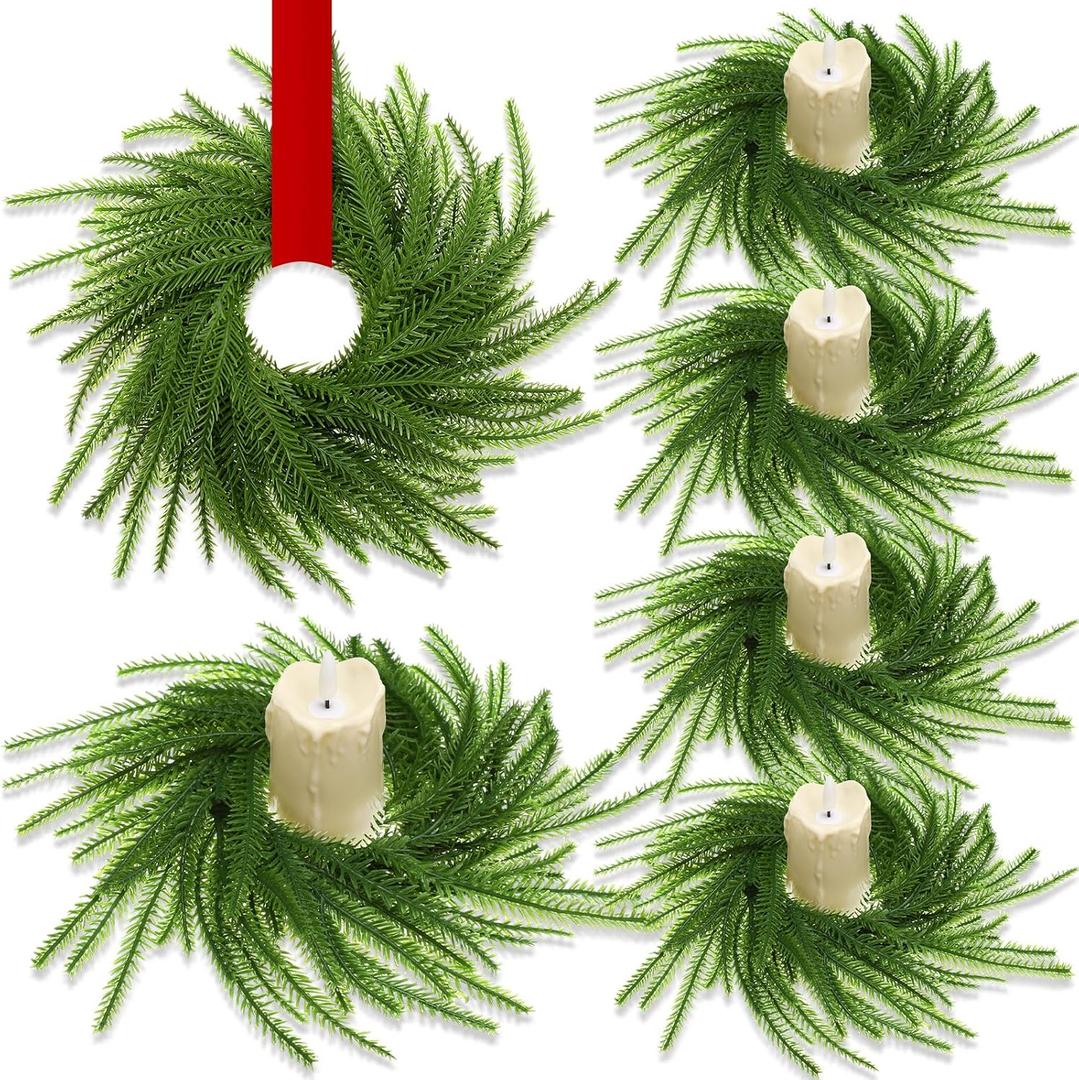 4 Pcs Mini Wreaths for Cabinets, 9.8 Inch Christmas Norfolk Pine Candle Rings, Artificial Small Wreath Garland Xmas Candle Ring Holder for Kitchen Cabinet Window Chair Wall Table Centerpiece