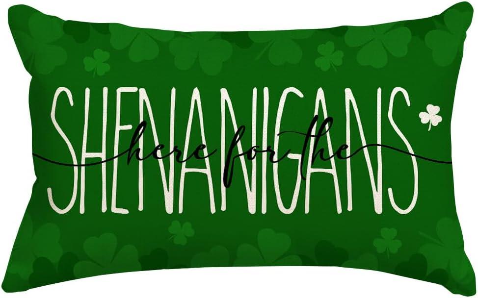St Patricks Day Throw Pillow Covers 12x20 Inch, Here for The Shenanigans Shamrock Lumbar Cushion Cases, Spring Farmhouse Decor for Sofa Couch Outdoor(Green, 12" x 20" (Pack of 1)
