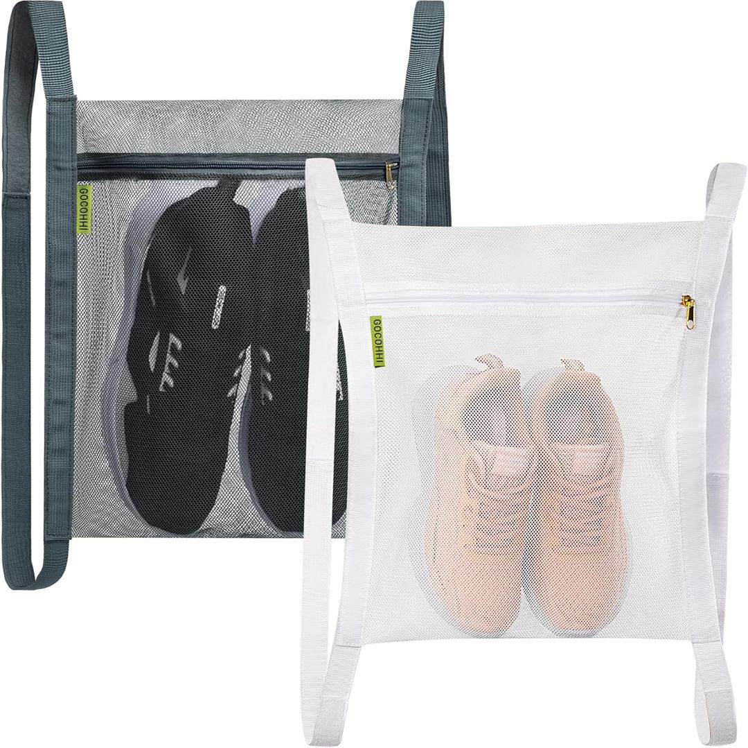 Sneaker Drying Bag, Shoe Dryer Mesh Bags, Sneaker Wash & Dry Net Bag for Dryer, Large HoneyComber Mesh Laundry Bags with Zipper and Strap for Most Dryers Door, 15.7"x13.8" (White & Grey) (2pcs)