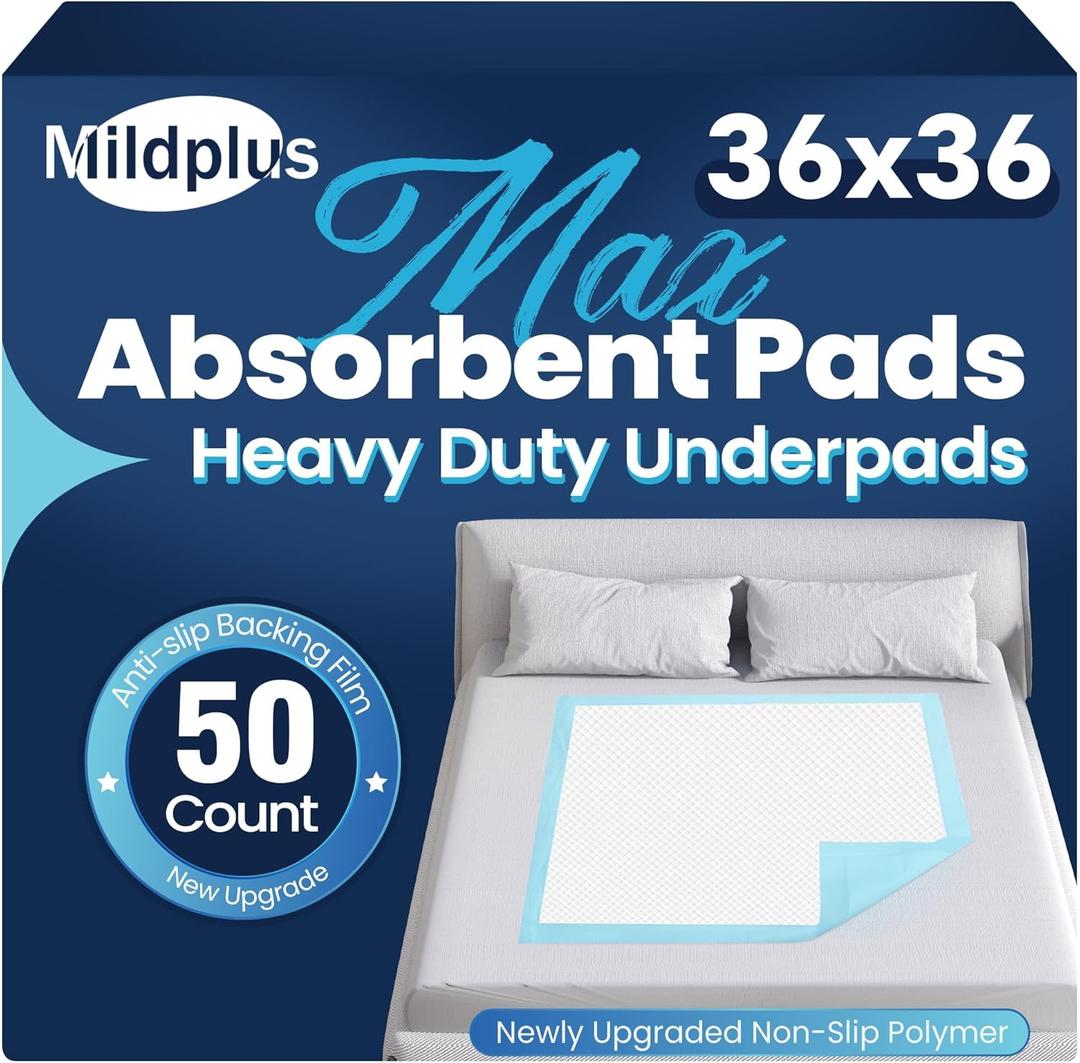 MILDPLUS Heavy Duty Underpad 36''x36'' 50 Count 125 Grams Extra Large Chucks Pads 3XL Disposable Bed Pads, Super Absorbent Incontinence Pads for Adults, Kids, Pee Pads (Blue)