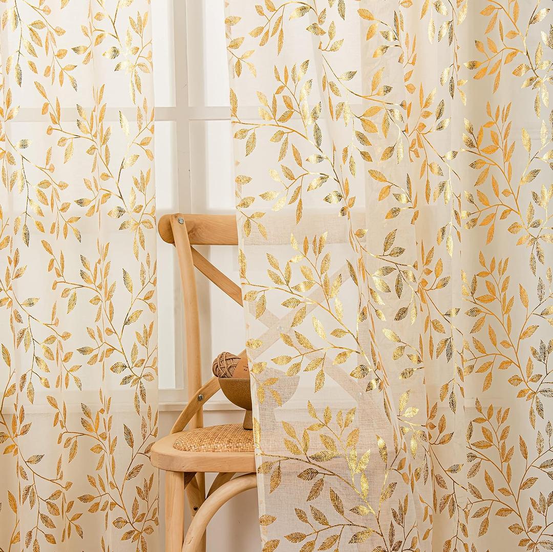 Sutuo Home Ivory Sheer Curtains 72 Inch Length 2 Panels Set, Gold Foil Print Metallic Bronzing Leaves, Privacy Voile Window Treatment Decor Drape Pair for Bedroom Nursery Room 52" W x 72" L