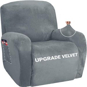 ZNSAYOTX Stretch Velvet Recliner Cover 4-Pieces, Thick Soft Recliner Chair Slipcover with Pocket, Non-Slip Elastic Bottom for Kids Pets, Luxury Plush Reclining Protector Comfy Washable (Light Grey)