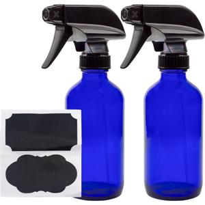 Cornucopia Brands 8-Ounce Cobalt Blue Glass Boston Round Spray Bottles (2 Pack) 3-Setting Heavy Duty Sprayers, Empty Refillable Bottle