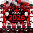 Red and Black Graduation Decorations 2026, Graduation Party Decorations with Congrats Grad Banner Class of 2026 Backdrop Balloons Honeycomb Centerpiece Tablecloth Hanging Swirls for Kindergarten