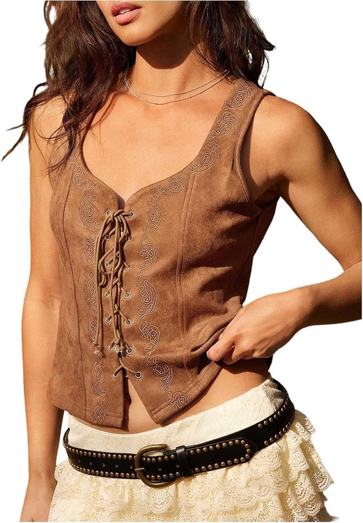 GORGLITTER Women's Western Suede Vest Tops Boho Embroidered Tops Lace Up Tank 70s Nashville Country Cowgirls Outfits (Brown, S)