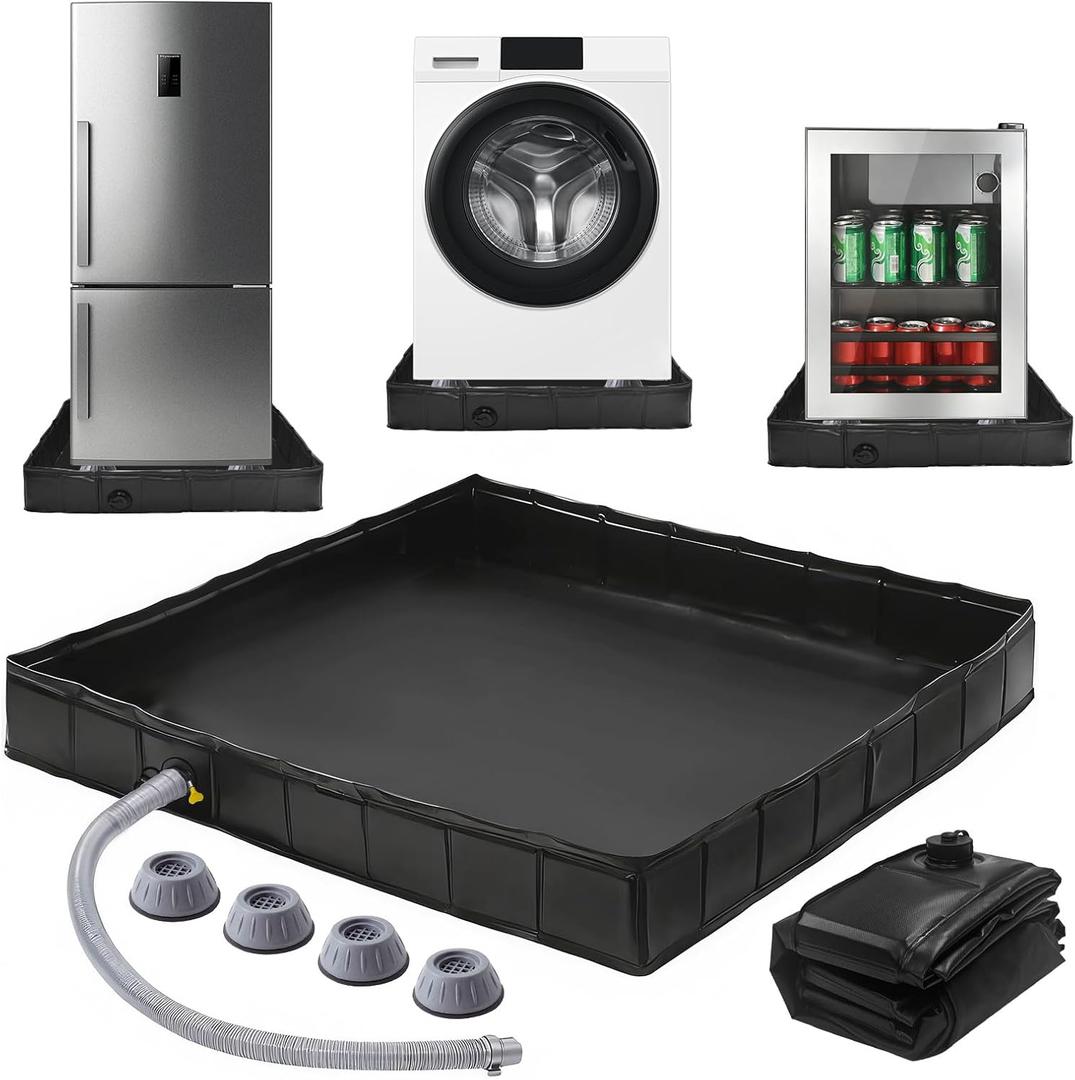 Foldable Washing Machine Drain Pan with Drain Pipe & 4 Anti-Vibration Pads, 31.5x31.5x4.7 Inch Portable Leak Proof Tray for Washer/Dryer, Non-Slip Waterproof Drip Pan with Raised Edge