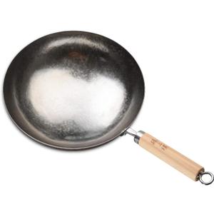 ZhenSanHuan Chinese Hand Hammered Iron Pow Woks and Stir Fry Pans Wooden Handle Round Bottom (30CM, Silver-Not Seasoned)