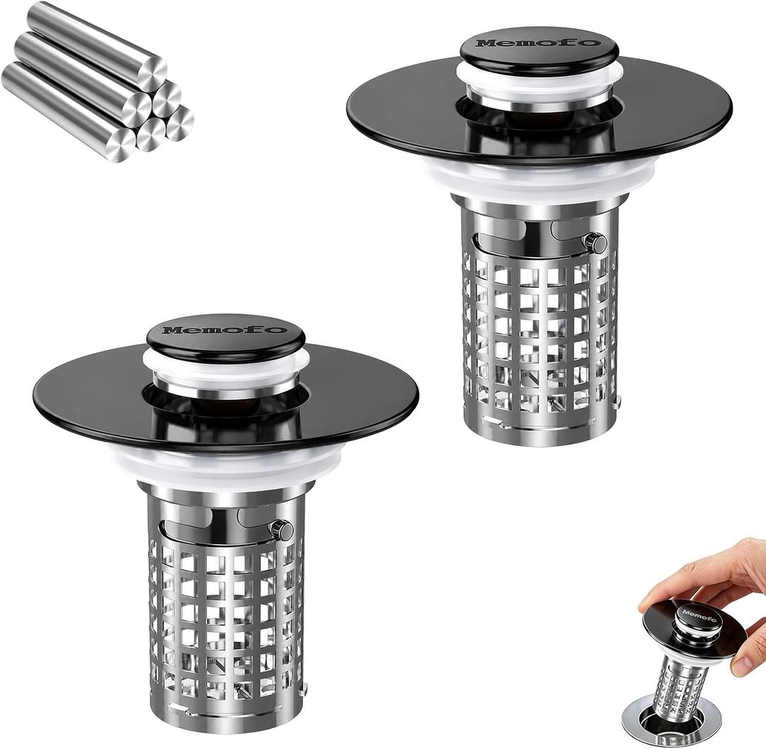 2 x Bathroom Sink Drain Strainer, Stainless Steel Pop-up Strainer Basket Hair Catcher with Removable Basket, Brass Bullet Core, Universal Fit 1.1-2.36 Inch Matte Black(2PCS)