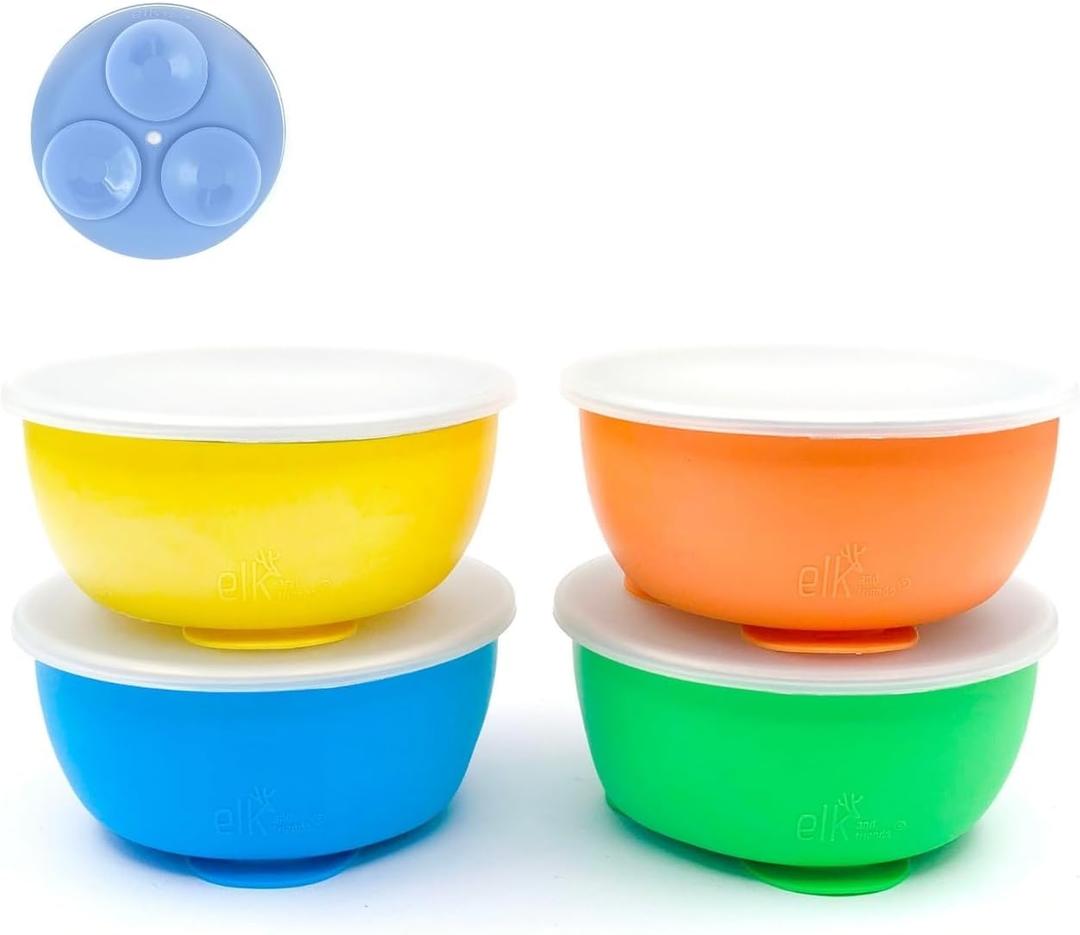 Elk and Friends Stainless Steel Bowls with Silicone Sleeve for Babies & Toddlers | Lids Included | Stay Put Suction | Cereal & Snack Bowls | 4 Pack (Green/Orange/Yellow/Blue)