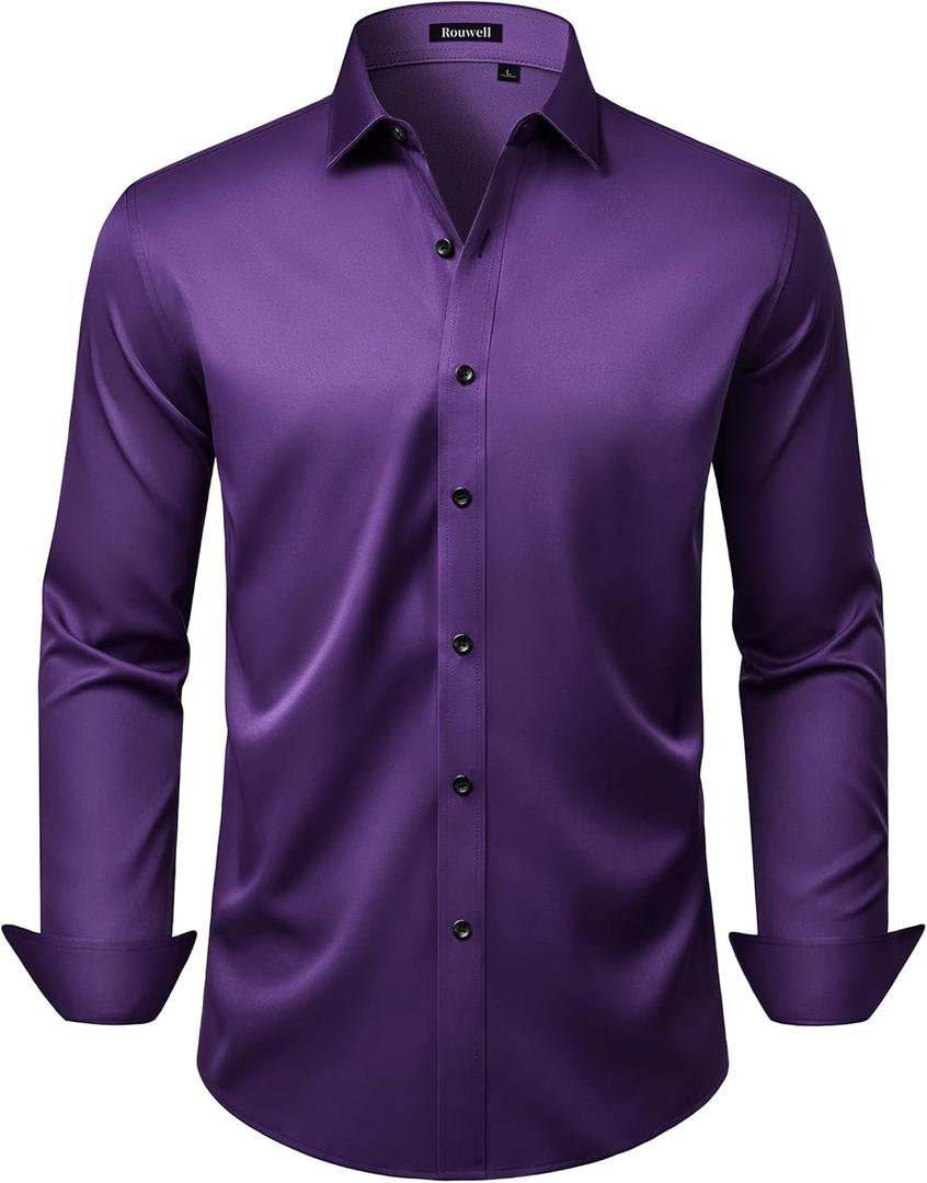 Mens Wrinkle Free Dress Shirts Regular Fit Business Button Down Shirt Formal Long Sleeve Wedding Stretch Shirts (Purple, XXL)