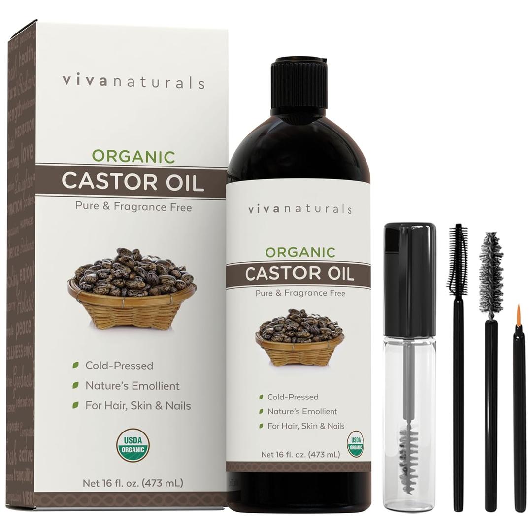 Viva Naturals Organic Castor Oil, Cold-Pressed, 16 fl oz  For Face, Hair, Eyelashes, USDA Organic, Non-GMO - With Beauty Kit