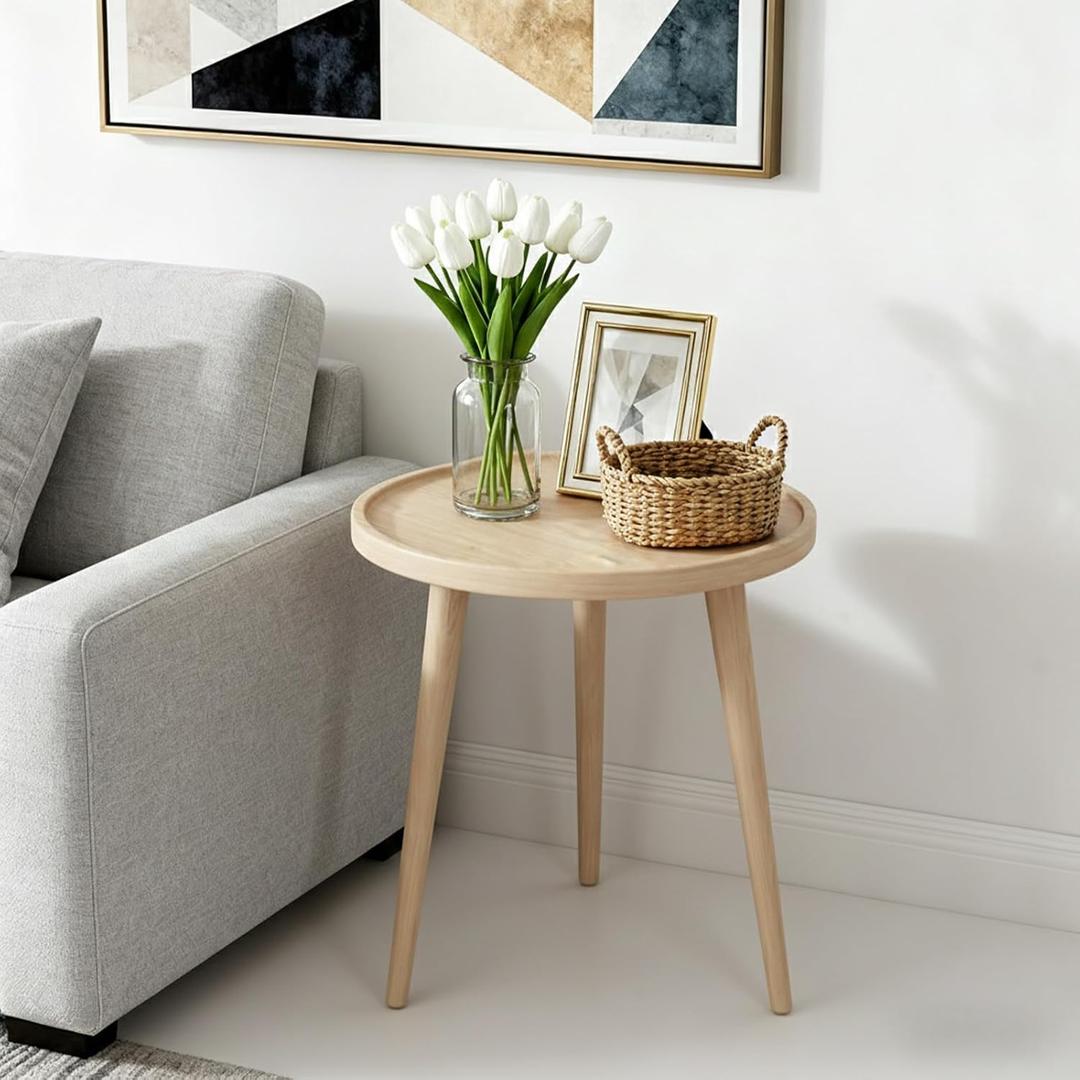 Round Side Table with Solid Wood,End Table,Coffee Table,Small Round Side Table with Solid Wood Leg for Couch,Living Room,Bedroom Office and Small Spaces,Easy Assembly,Beige, 15.7"Dia. x 18.7"H