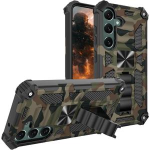 for Samsung Galaxy S25 / Galaxy S24 Camouflage Case with Kickstand, Rugged Shockproof Military Protective Cover with Metal Patch for Galaxy S25 / S24 - MC Army Green
