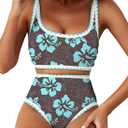 Herseas Women's Bikini Sets Floral Print Whip Stitch 2 Piece Swimsuits High Waisted Scoop Bathing Suits (Brown, L)