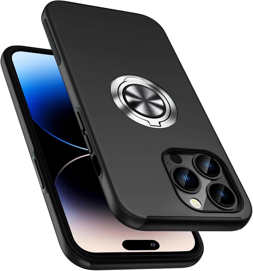 Shockproof Case for iPhone 14 Pro Max, [Embedded Finger Ring] Military Grade Phone Case Cover with Reinforced Metal Stand Kickstand [Support Magnetic Car Holder] for iPhone 14 6.7'', Black