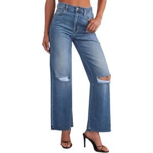 Allimy Women's High Waisted Straight Ankle Wide Leg Ripped Jeans Frayed Hem Stretchy Capri Denim Pants (4, Blue-dark)