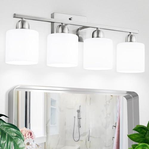 FAISHILAN 4 Light Bathroom Light Fixtures, Brushed Nickel Vanity Lights for Bathroom with Milky White Frosted Glass Shade, Wall Lights for Mirror Bedroom Living Room E26 Base